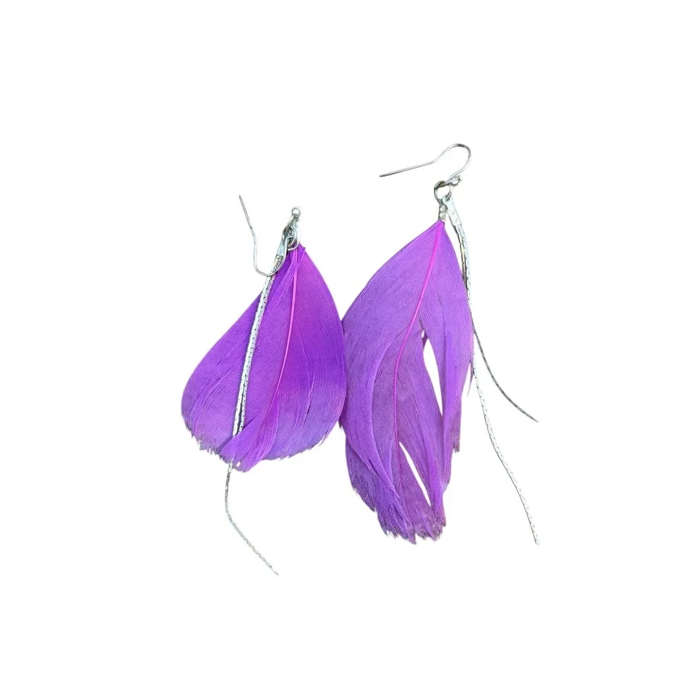 Purple Feather Dangle Earrings Silver Snake Chain‎ Boho Statement Festival Wear